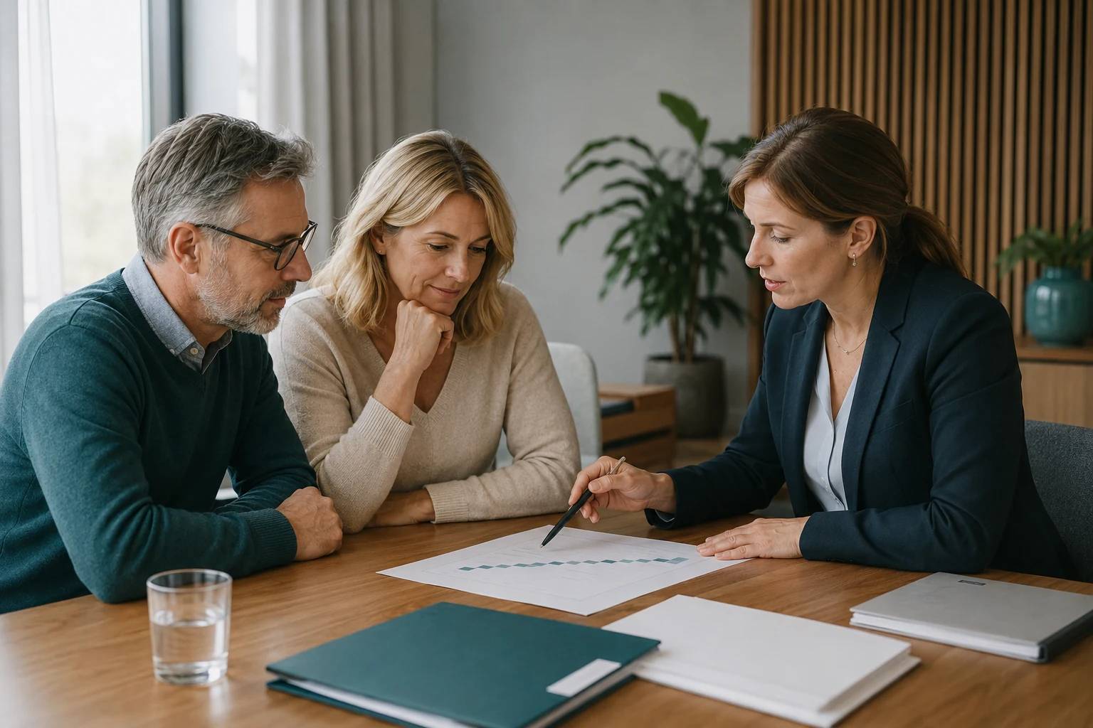 Paar und Beraterin planen Restschuld und Anschlussfinanzierung
