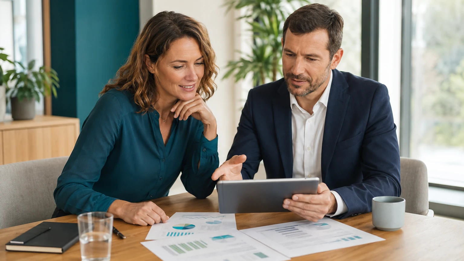 Selbstständige bespricht mit einem Finanzberater eine Basisrente
