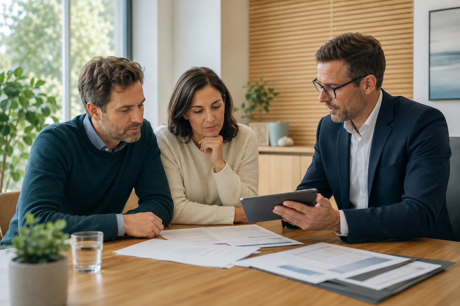 Paar und Finanzberater analysieren Steuerwirkung und Altersvorsorge