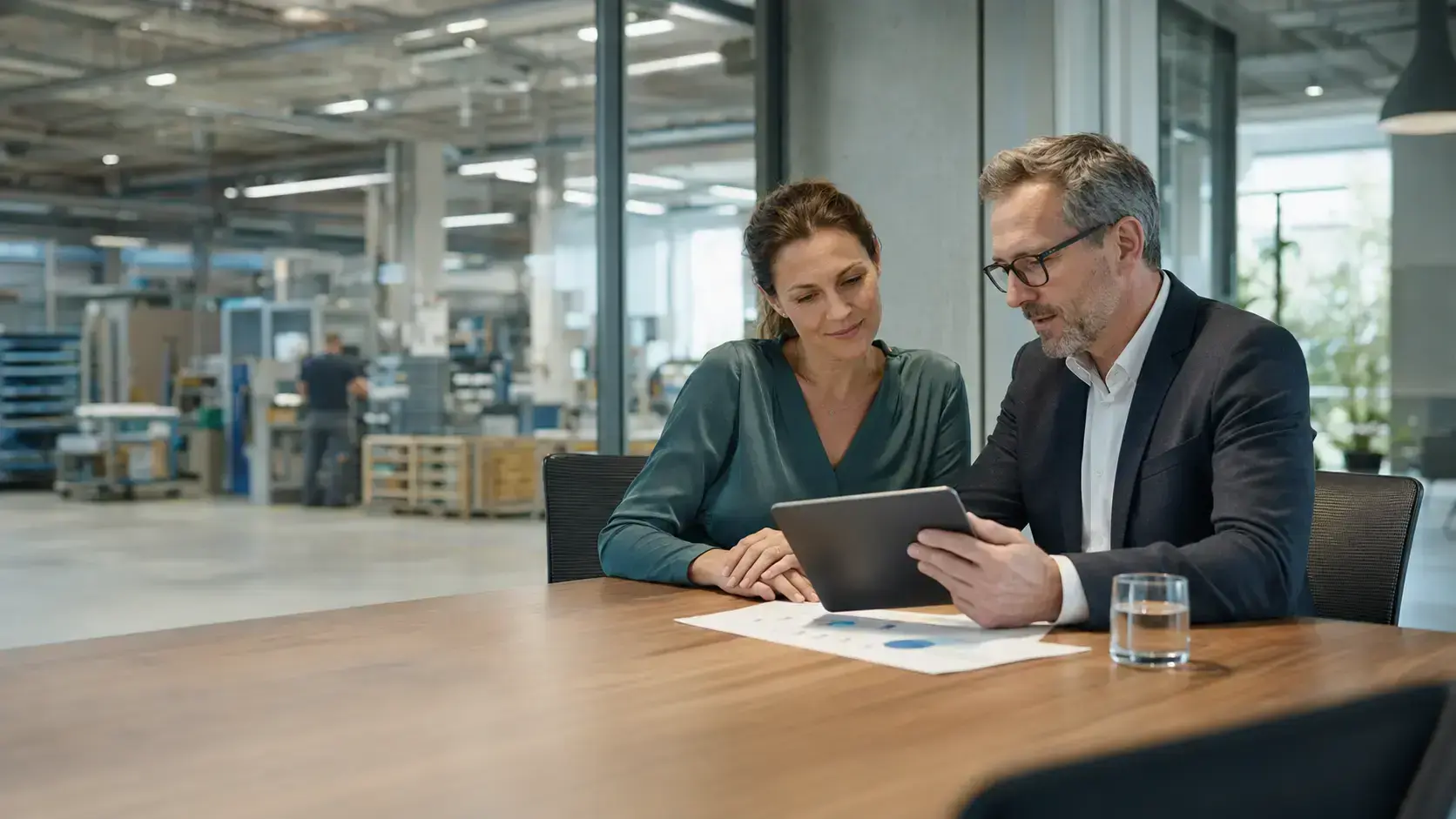 Unternehmerin und Versicherungsberater besprechen betriebliche Haftungsrisiken