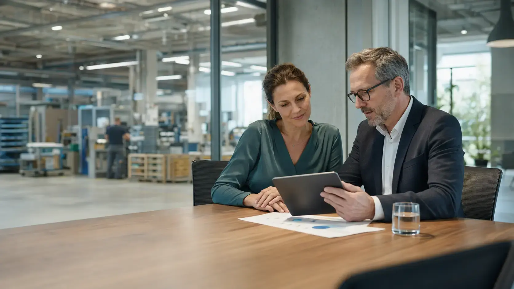 Unternehmerin und Berater analysieren Leistungen und Bedingungen eines Firmenrechtsschutzes