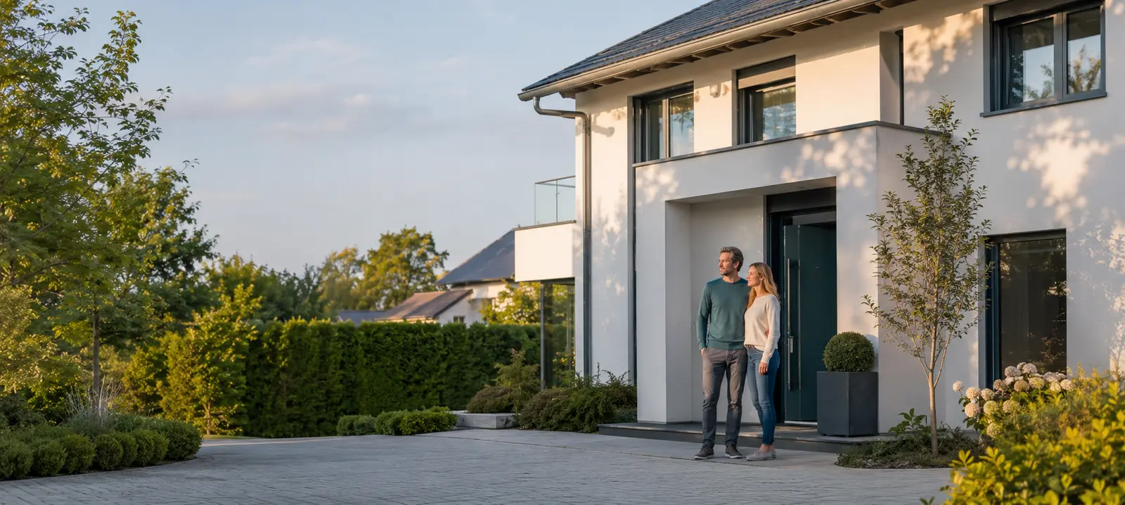 Paar vor seinem Eigenheim als Symbol für die Absicherung von Haus und Wohnen