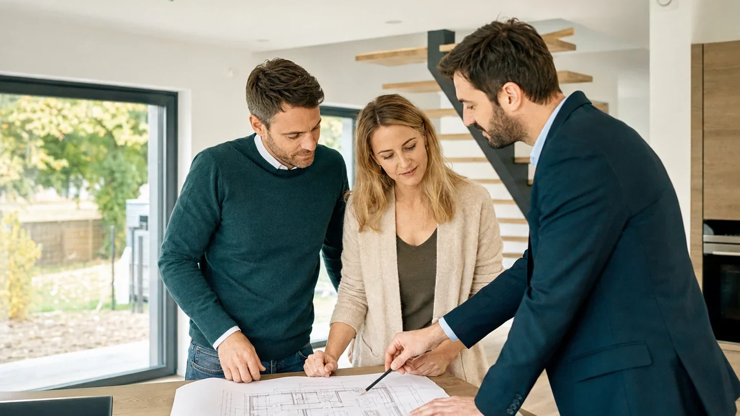 Paar und Berater prüfen Pläne für eine Immobilienfinanzierung