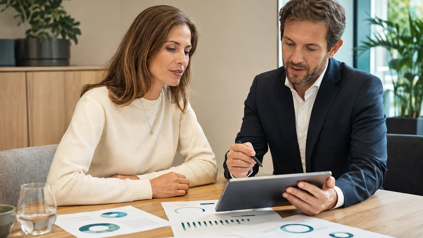 Kundin und Finanzberater besprechen eine langfristige Anlagestrategie