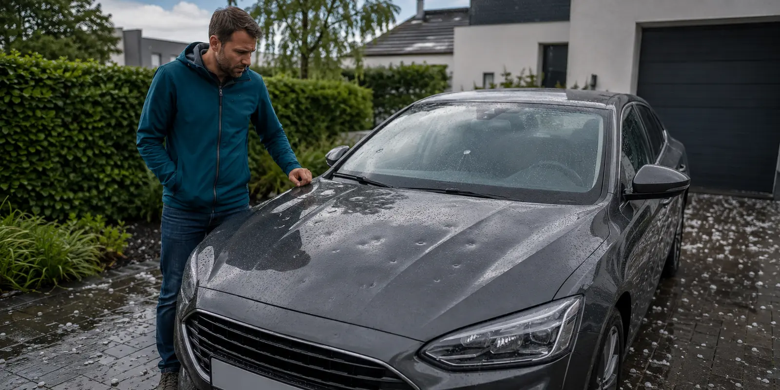 Fahrer prüft Hageldellen und einen Glasschaden an seinem Fahrzeug als Beispiel für Teilkasko