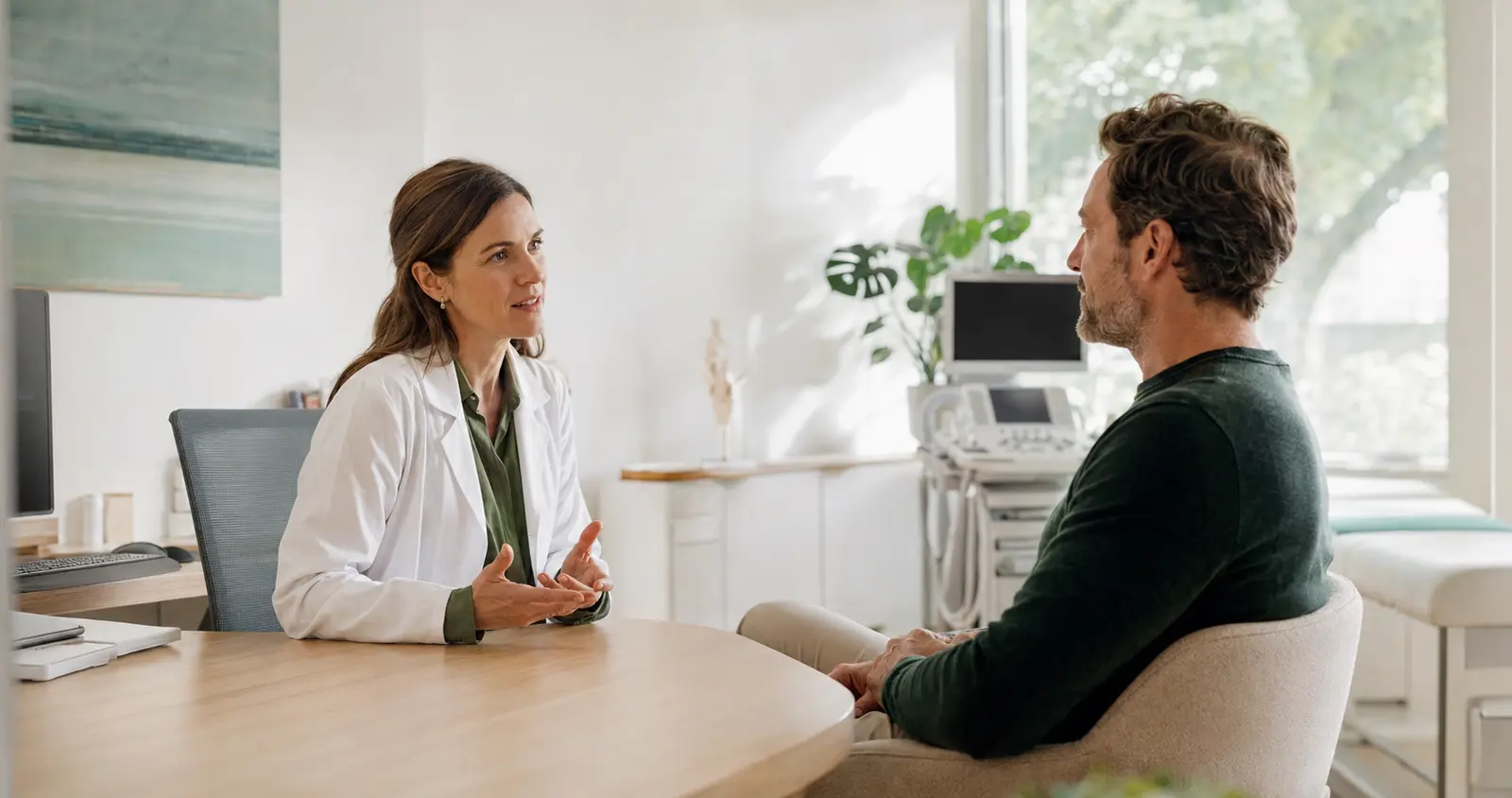 Ärztin erläutert einem Patienten medizinische Leistungen
