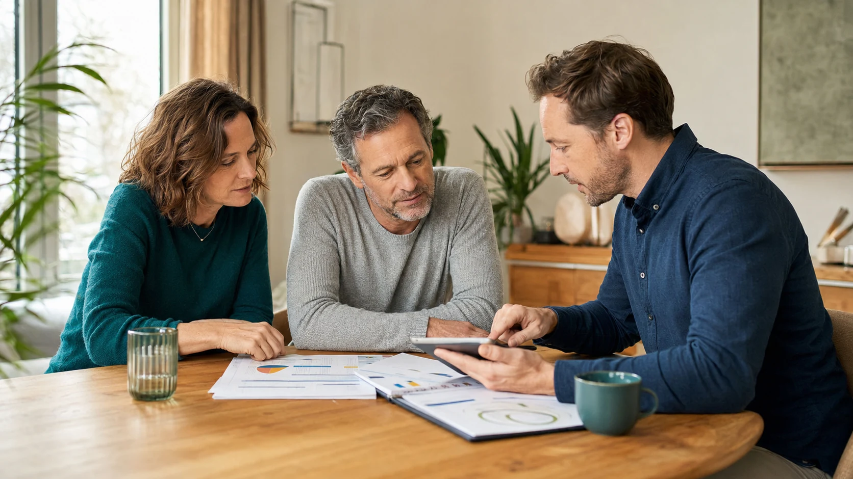 Paar und Berater vergleichen Strom- und Gastarife anhand des Energieverbrauchs