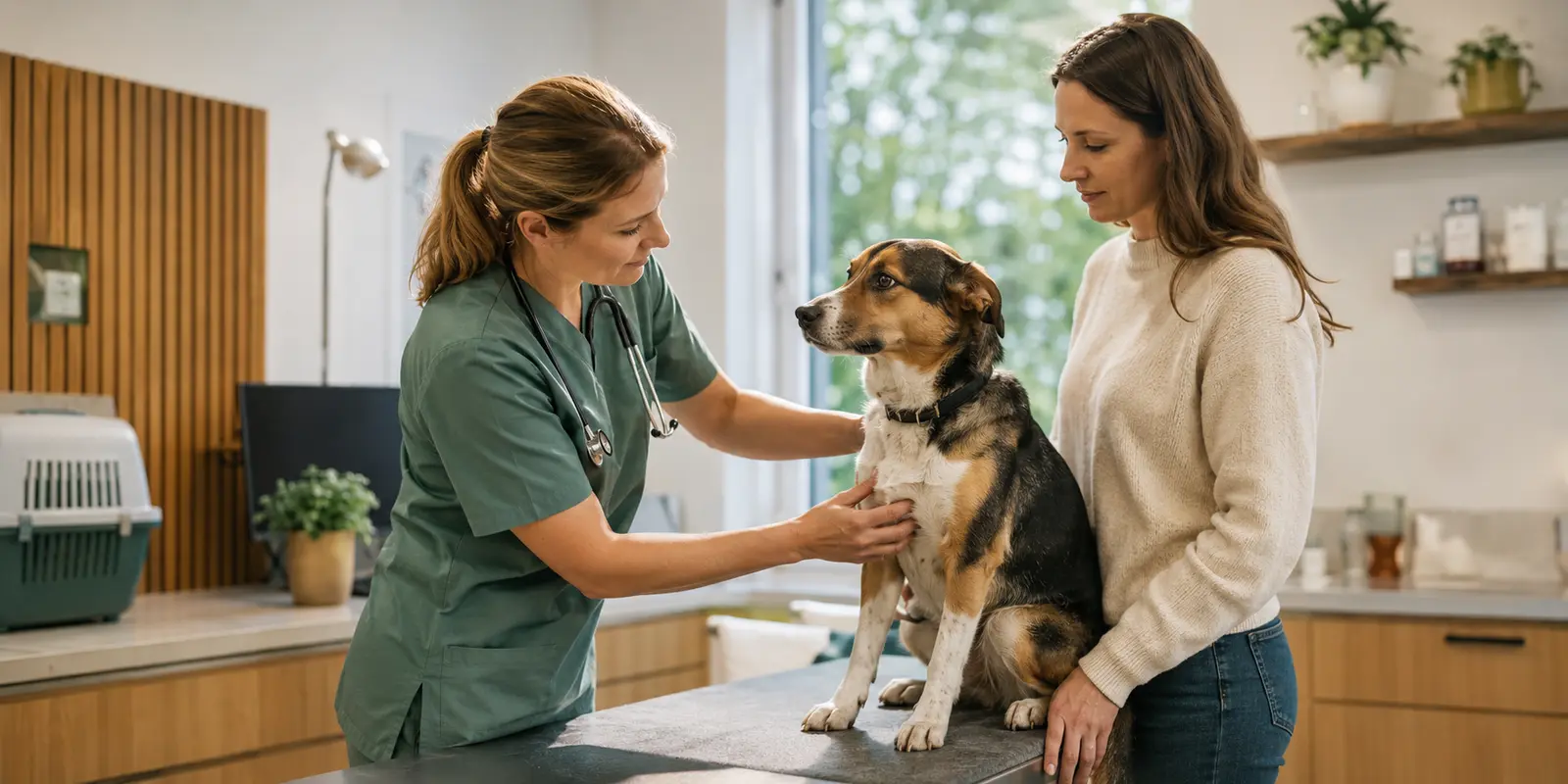 Tierärztin untersucht einen Hund im Beisein der Halterin als Symbol für Tierkrankenversicherung