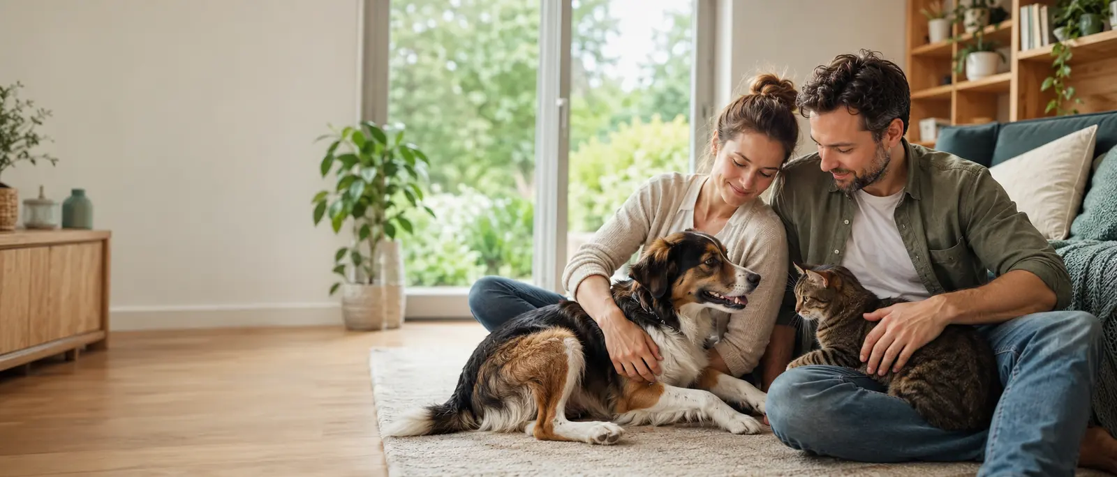 Paar mit Hund und Katze als Symbol für eine verantwortungsvolle Tierversicherung