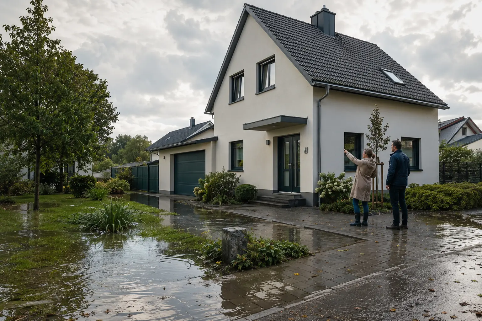 Eigenheim nach Starkregen als Beispiel für Wohngebäude- und Elementarschutz
